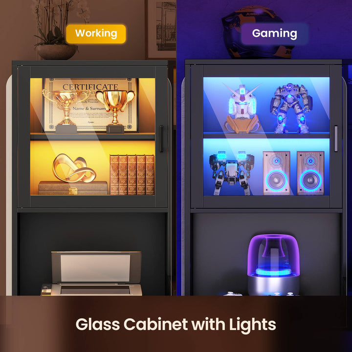 SEDETA | 67.9 Inch L Shaped Computer Desk with Drawers LED Lights Power Outlet Farmhouse Office Desk with Double Hutch Storage Shelves Corner Home Office Desk for Gaming Work and Study