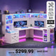 SEDETA® 67.9 Inch Gaming Desk with Drawers LED Lights Power Outlet Farmhouse L Shaped Office Desk with Double Hutch Storage Shelves Corner Home Office Desk for Gaming Work and Study