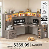 SEDETA 67.9 Inch Farmhouse L Shaped Office Desk with Double Hutch Storage Shelves Large Corner Computer Desk with Drawers LED Lights Power Outlet Home Office Desk for Gaming Work and Study