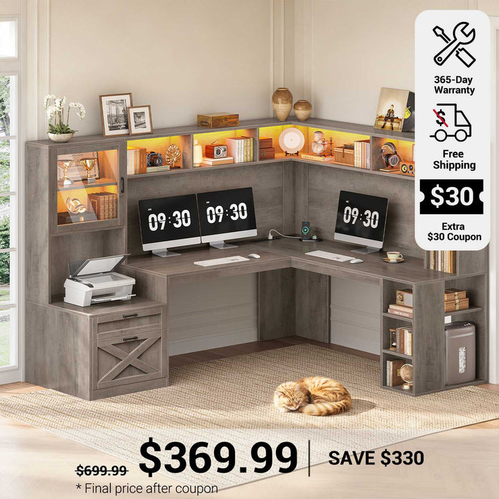 SEDETA 67.9 Inch Farmhouse L Shaped Office Desk with Double Hutch Storage Shelves Large Corner Computer Desk with Drawers LED Lights Power Outlet Home Office Desk for Gaming Work and Study