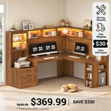 SEDETA 67.9 Inch Farmhouse L Shaped Office Desk with Double Hutch Storage Shelves Large Corner Computer Desk with Drawers LED Lights Power Outlet Home Office Desk for Gaming Work and Study