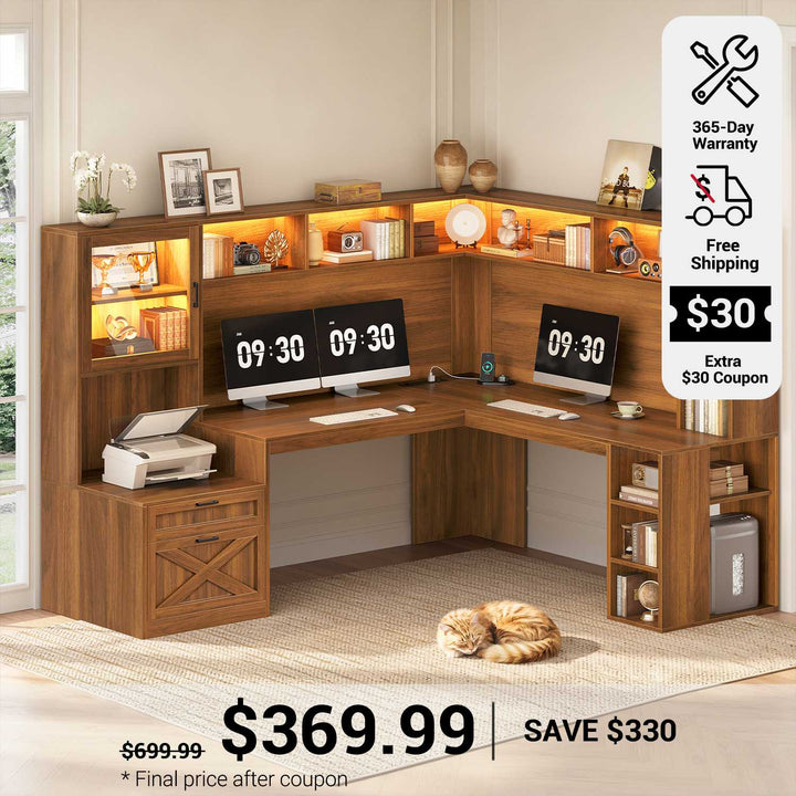 SEDETA 67.9 Inch Farmhouse L Shaped Office Desk with Double Hutch Storage Shelves Large Corner Computer Desk with Drawers LED Lights Power Outlet Home Office Desk for Gaming Work and Study
