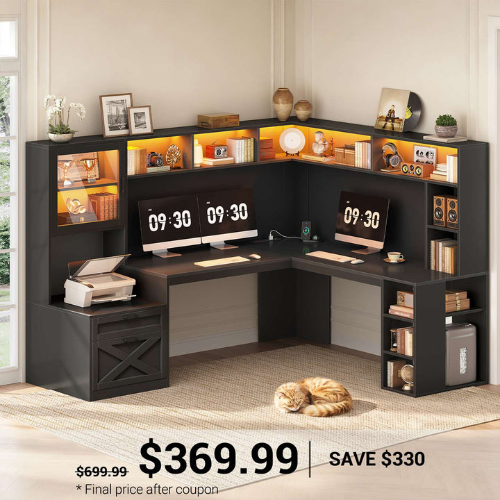 SEDETA 67.9 Inch Farmhouse L Shaped Office Desk with Double Hutch Storage Shelves Large Corner Computer Desk with Drawers LED Lights Power Outlet Home Office Desk for Gaming Work and Study
