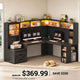 SEDETA 67.9 Inch Farmhouse L Shaped Office Desk with Double Hutch Storage Shelves Large Corner Computer Desk with Drawers LED Lights Power Outlet Home Office Desk for Gaming Work and Study