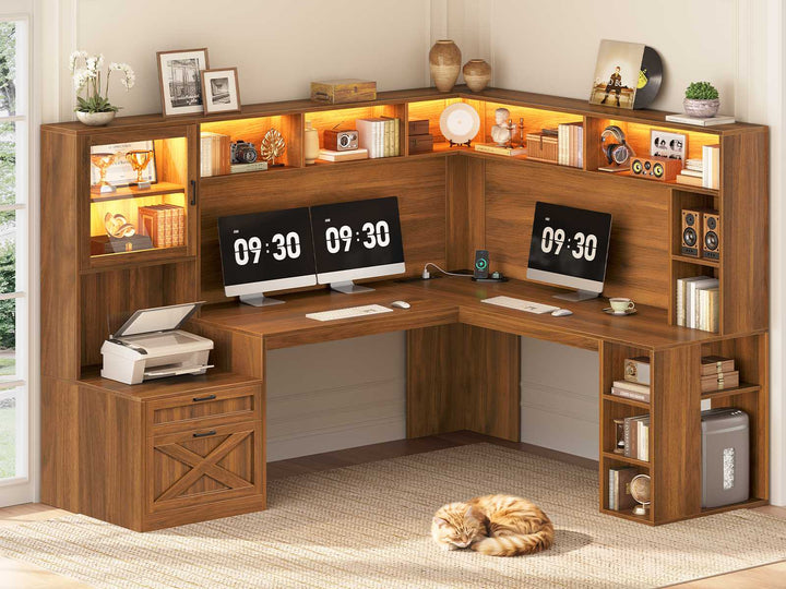 SEDETA | 67.9 Inch L Shaped Computer Desk with Drawers LED Lights Power Outlet Farmhouse Office Desk with Double Hutch Storage Shelves Corner Home Office Desk for Gaming Work and Study