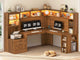 SEDETA | 67.9 Inch L Shaped Computer Desk with Drawers LED Lights Power Outlet Farmhouse Office Desk with Double Hutch Storage Shelves Corner Home Office Desk for Gaming Work and Study