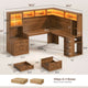 SEDETA | 67.9 Inch L Shaped Computer Desk with Drawers LED Lights Power Outlet Farmhouse Office Desk with Double Hutch Storage Shelves Corner Home Office Desk for Gaming Work and Study