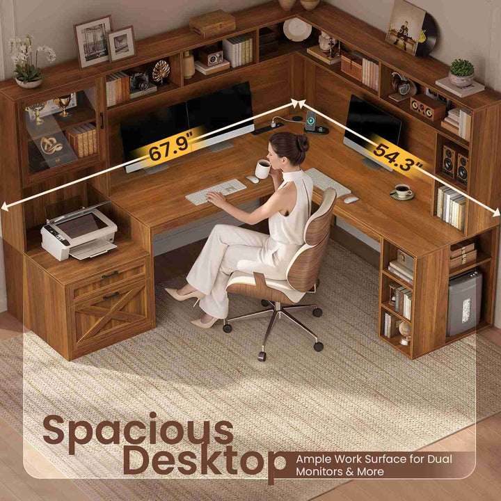 SEDETA | 67.9 Inch L Shaped Computer Desk with Drawers LED Lights Power Outlet Farmhouse Office Desk with Double Hutch Storage Shelves Corner Home Office Desk for Gaming Work and Study