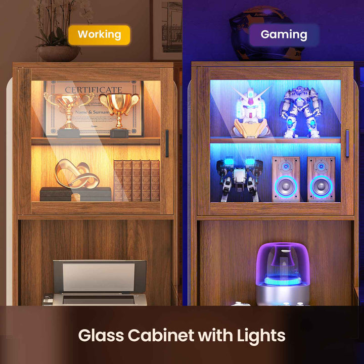 SEDETA | 67.9 Inch L Shaped Computer Desk with Drawers LED Lights Power Outlet Farmhouse Office Desk with Double Hutch Storage Shelves Corner Home Office Desk for Gaming Work and Study