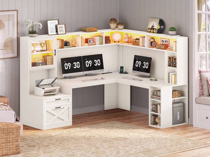 SEDETA | 67.9 Inch L Shaped Computer Desk with Drawers LED Lights Power Outlet Farmhouse Office Desk with Double Hutch Storage Shelves Corner Home Office Desk for Gaming Work and Study