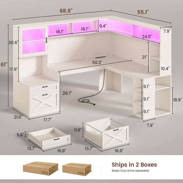 SEDETA | 67.9 Inch L Shaped Computer Desk with Drawers LED Lights Power Outlet Farmhouse Office Desk with Double Hutch Storage Shelves Corner Home Office Desk for Gaming Work and Study