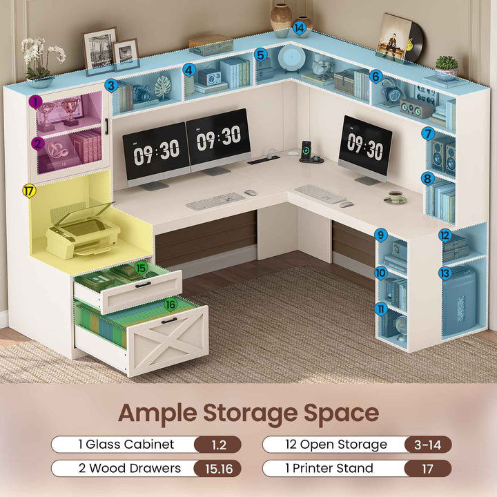 SEDETA | 67.9 Inch L Shaped Computer Desk with Drawers LED Lights Power Outlet Farmhouse Office Desk with Double Hutch Storage Shelves Corner Home Office Desk for Gaming Work and Study
