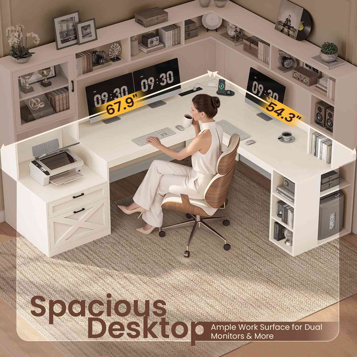 SEDETA | 67.9 Inch L Shaped Computer Desk with Drawers LED Lights Power Outlet Farmhouse Office Desk with Double Hutch Storage Shelves Corner Home Office Desk for Gaming Work and Study