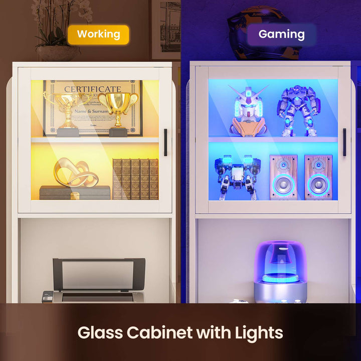 SEDETA | 67.9 Inch L Shaped Computer Desk with Drawers LED Lights Power Outlet Farmhouse Office Desk with Double Hutch Storage Shelves Corner Home Office Desk for Gaming Work and Study