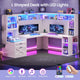 SEDETA | 67.9 Inch L Shaped Computer Desk with Drawers LED Lights Power Outlet Farmhouse Office Desk with Double Hutch Storage Shelves Corner Home Office Desk for Gaming Work and Study