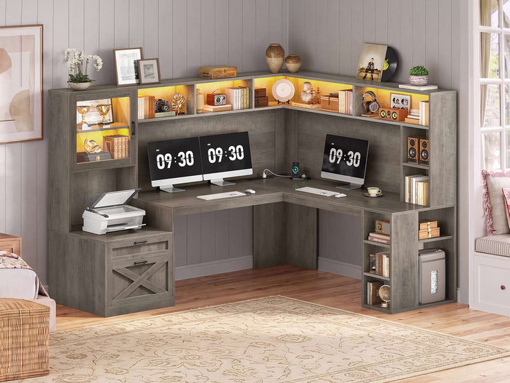 SEDETA | 67.9 Inch L Shaped Computer Desk with Drawers LED Lights Power Outlet Farmhouse Office Desk with Double Hutch Storage Shelves Corner Home Office Desk for Gaming Work and Study