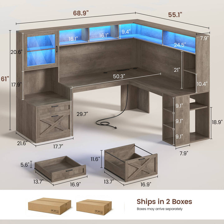 SEDETA | 67.9 Inch L Shaped Computer Desk with Drawers LED Lights Power Outlet Farmhouse Office Desk with Double Hutch Storage Shelves Corner Home Office Desk for Gaming Work and Study