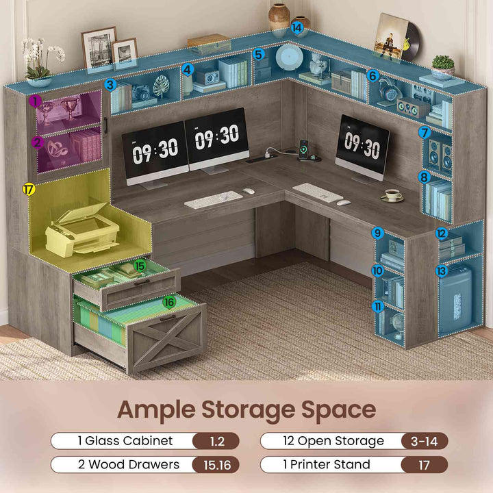 SEDETA | 67.9 Inch L Shaped Computer Desk with Drawers LED Lights Power Outlet Farmhouse Office Desk with Double Hutch Storage Shelves Corner Home Office Desk for Gaming Work and Study