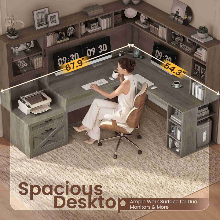 SEDETA | 67.9 Inch L Shaped Computer Desk with Drawers LED Lights Power Outlet Farmhouse Office Desk with Double Hutch Storage Shelves Corner Home Office Desk for Gaming Work and Study