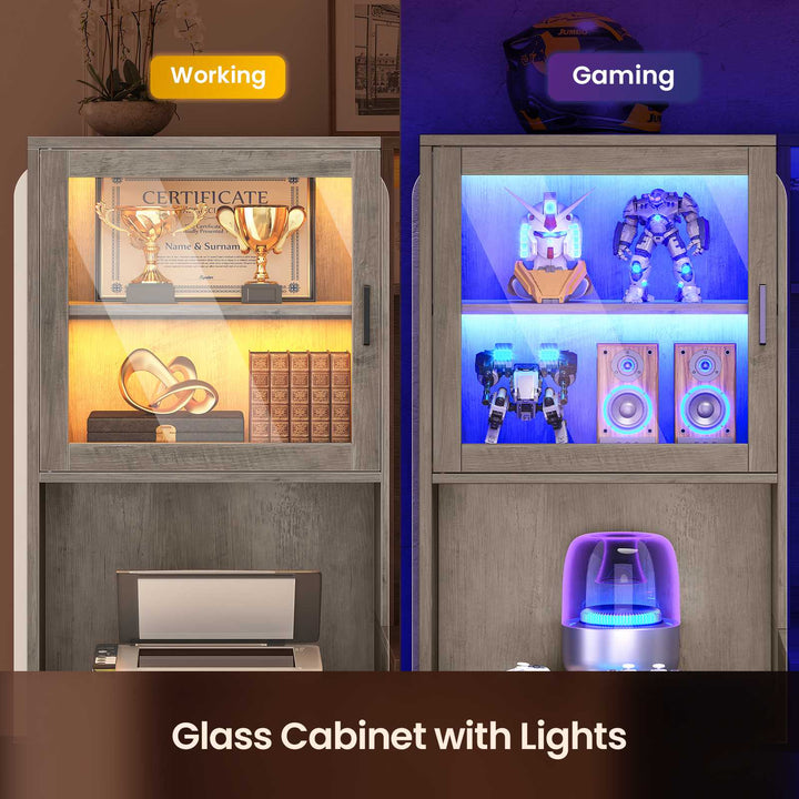SEDETA | 67.9 Inch L Shaped Computer Desk with Drawers LED Lights Power Outlet Farmhouse Office Desk with Double Hutch Storage Shelves Corner Home Office Desk for Gaming Work and Study
