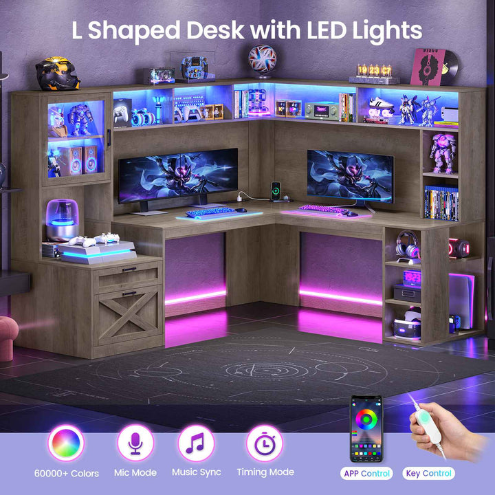 SEDETA | 67.9 Inch L Shaped Computer Desk with Drawers LED Lights Power Outlet Farmhouse Office Desk with Double Hutch Storage Shelves Corner Home Office Desk for Gaming Work and Study