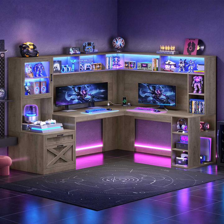 SEDETA | 67.9 Inch L Shaped Computer Desk with Drawers LED Lights Power Outlet Farmhouse Office Desk with Double Hutch Storage Shelves Corner Home Office Desk for Gaming Work and Study