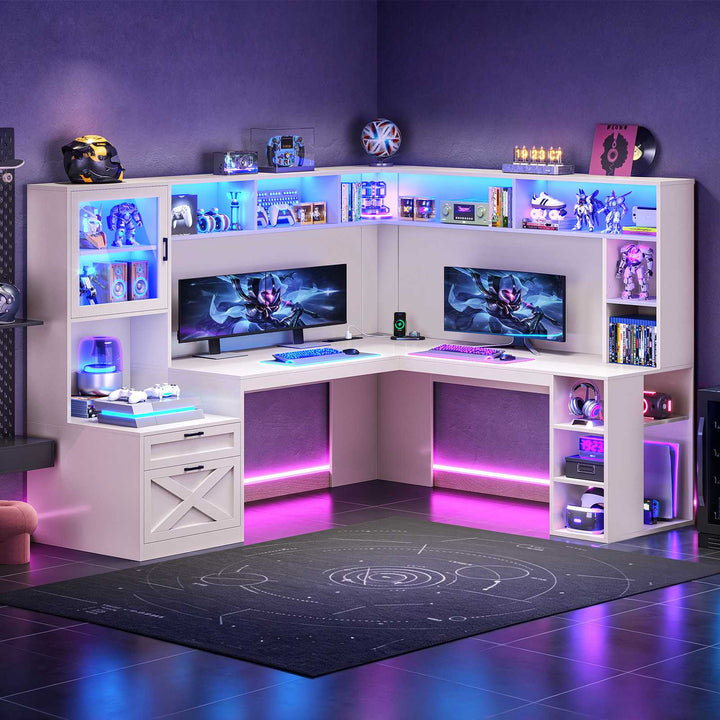 SEDETA | 67.9 Inch L Shaped Computer Desk with Drawers LED Lights Power Outlet Farmhouse Office Desk with Double Hutch Storage Shelves Corner Home Office Desk for Gaming Work and Study