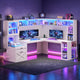 SEDETA | 67.9 Inch L Shaped Computer Desk with Drawers LED Lights Power Outlet Farmhouse Office Desk with Double Hutch Storage Shelves Corner Home Office Desk for Gaming Work and Study