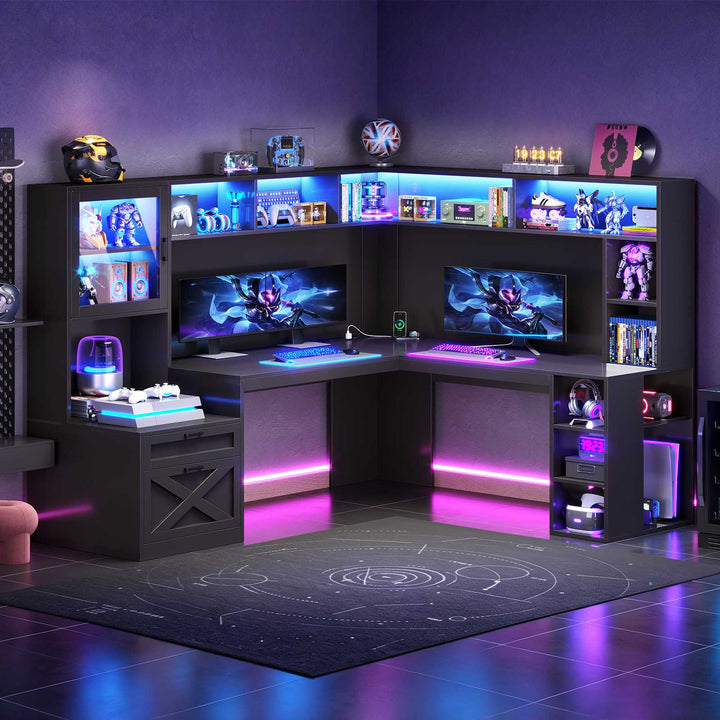 SEDETA | 67.9 Inch L Shaped Computer Desk with Drawers LED Lights Power Outlet Farmhouse Office Desk with Double Hutch Storage Shelves Corner Home Office Desk for Gaming Work and Study
