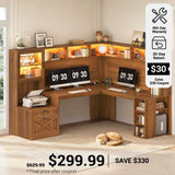 SEDETA® 67.9 Inch Gaming Desk with Drawers LED Lights Power Outlet Farmhouse L Shaped Office Desk with Double Hutch Storage Shelves Corner Home Office Desk for Gaming Work and Study