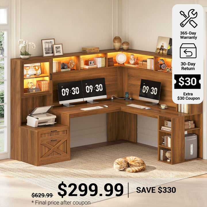 SEDETA® 67.9 Inch Gaming Desk with Drawers LED Lights Power Outlet Farmhouse L Shaped Office Desk with Double Hutch Storage Shelves Corner Home Office Desk for Gaming Work and Study