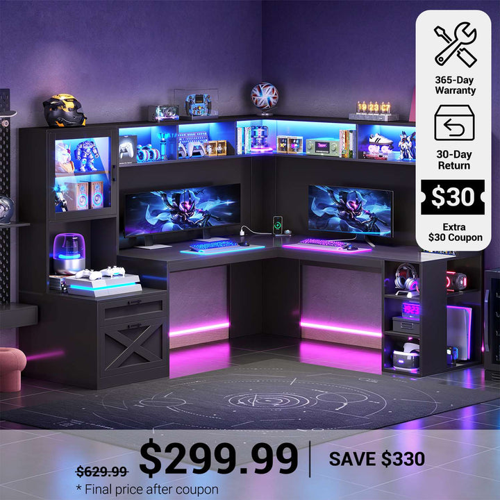 SEDETA® 67.9 Inch Gaming Desk with Drawers LED Lights Power Outlet Farmhouse L Shaped Office Desk with Double Hutch Storage Shelves Corner Home Office Desk for Gaming Work and Study