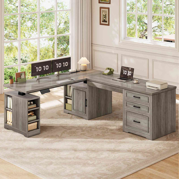 SEDETA® 63 Inch Two Person L Shaped Electric Standing Desk Height Adjustable, Farmhouse Reversible Computer Long Desk with Drawer, Outlets