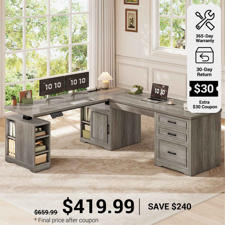 SEDETA 63 Inch L Shaped Electric Standing Desk Height Adjustable Computer Desk Farmhouse with Drawers Shelves and Power Outlet