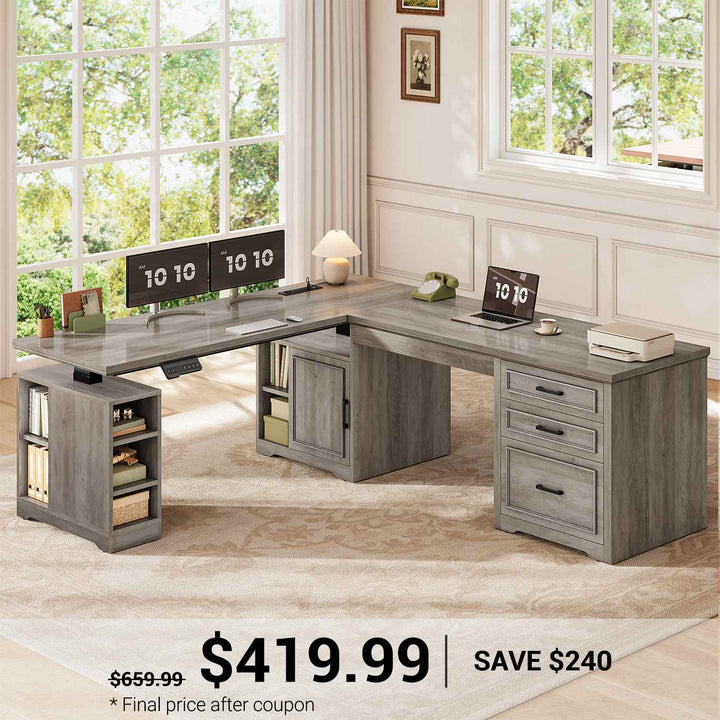 SEDETA 63 Inch L Shaped Electric Standing Desk Height Adjustable Computer Desk Farmhouse with Drawers Shelves and Power Outlet