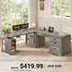 SEDETA 63 Inch L Shaped Electric Standing Desk Height Adjustable Computer Desk Farmhouse with Drawers Shelves and Power Outlet
