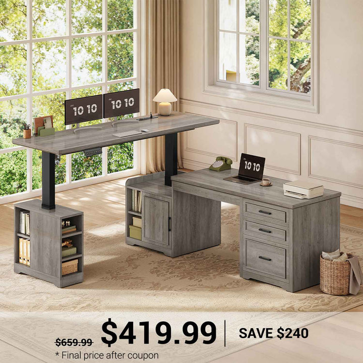 SEDETA 63 Inch L Shaped Electric Standing Desk Height Adjustable Computer Desk Farmhouse with Drawers Shelves and Power Outlet