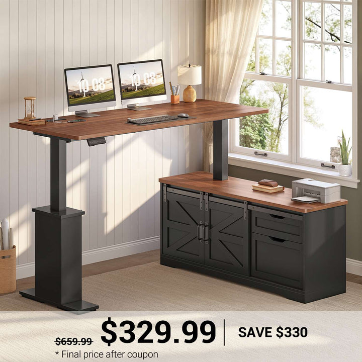 SEDETA | 63 Inch L Shaped Sit Stand Computer Desk with Storage Drawers Farmhouse Height Adjustable Executive Standing Desk with Power Outlets Corner Office Desk with Sliding Bar Door