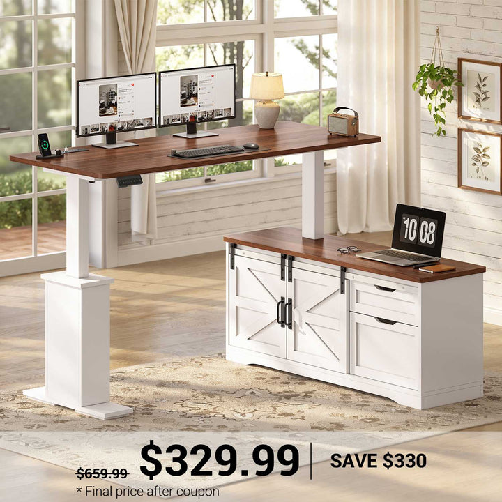 SEDETA | 63 Inch L Shaped Sit Stand Computer Desk with Storage Drawers Farmhouse Height Adjustable Executive Standing Desk with Power Outlets Corner Office Desk with Sliding Bar Door