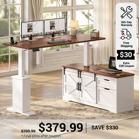 SEDETA 63 Inch Farmhouse L Shaped Executive Standing Desk with Storage Drawers Height Adjustable Corner Office Desk with Storage Power Outlets Sliding Bar Door Sit Stand Computer Desk
