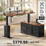 SEDETA 63 Inch Farmhouse L Shaped Executive Standing Desk with Storage Drawers Height Adjustable Corner Office Desk with Storage Power Outlets Sliding Bar Door Sit Stand Computer Desk