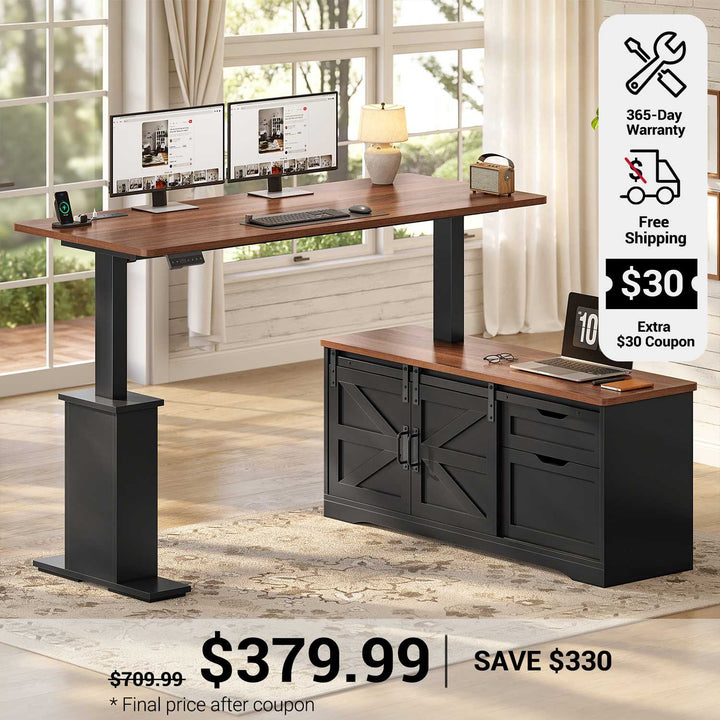 SEDETA 63 Inch Farmhouse L Shaped Executive Standing Desk with Storage Drawers Height Adjustable Corner Office Desk with Storage Power Outlets Sliding Bar Door Sit Stand Computer Desk