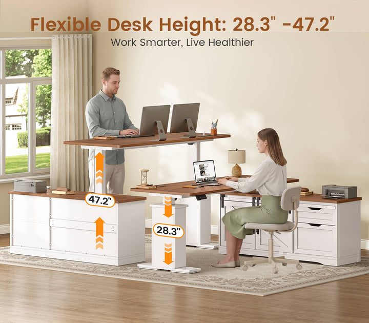 SEDETA 63 Inch Farmhouse L Shaped Executive Standing Desk with Storage Drawers Height Adjustable Corner Office Desk with Storage Power Outlets Sliding Bar Door Sit Stand Computer Desk