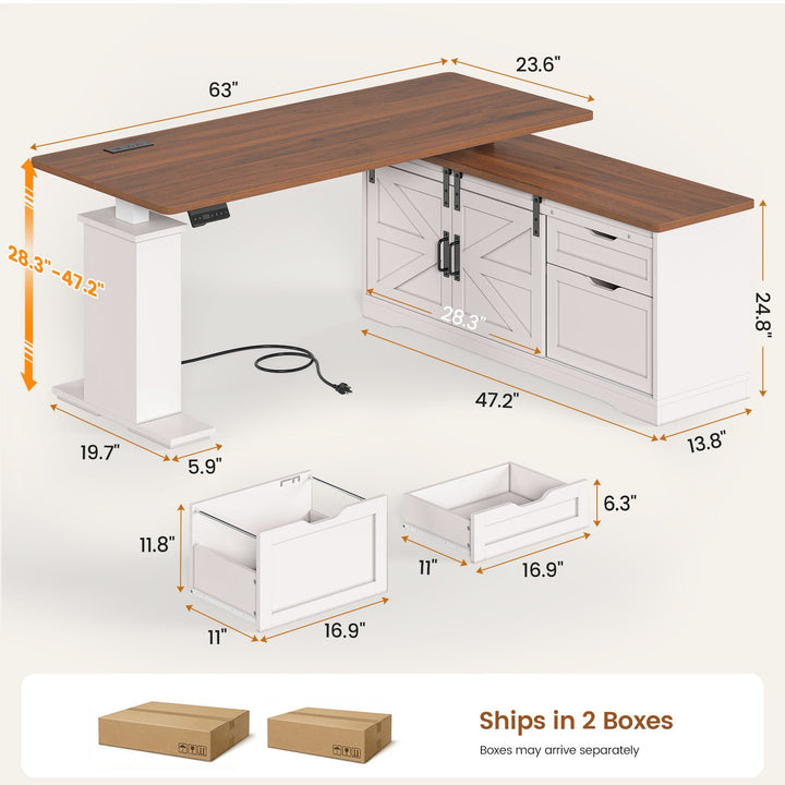 SEDETA 63 Inch Farmhouse L Shaped Executive Standing Desk with Storage Drawers Height Adjustable Corner Office Desk with Storage Power Outlets Sliding Bar Door Sit Stand Computer Desk