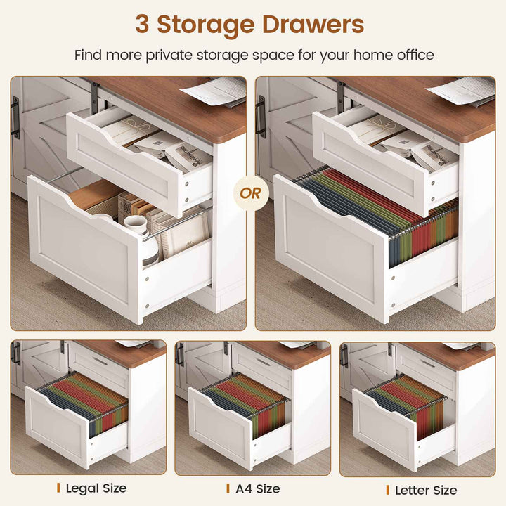 SEDETA 63 Inch Farmhouse L Shaped Executive Standing Desk with Storage Drawers Height Adjustable Corner Office Desk with Storage Power Outlets Sliding Bar Door Sit Stand Computer Desk