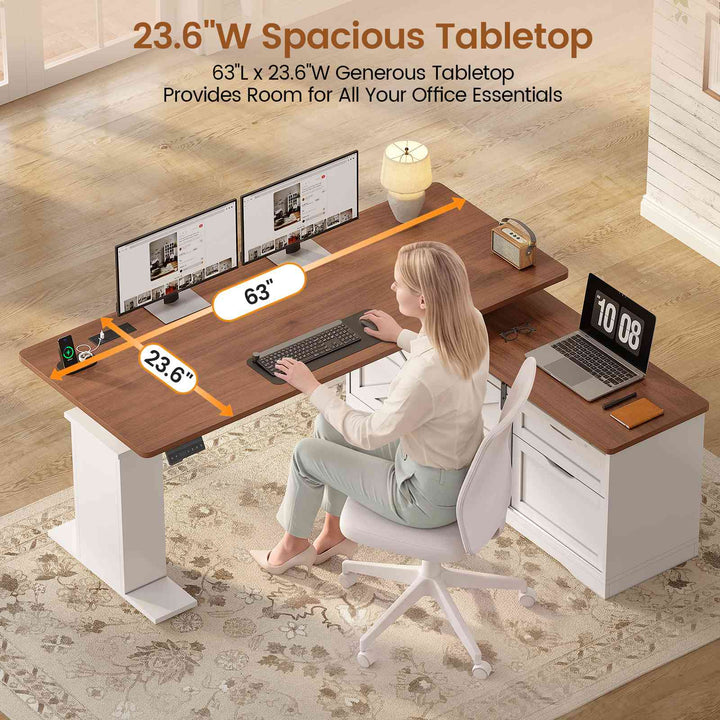 SEDETA 63 Inch Farmhouse L Shaped Executive Standing Desk with Storage Drawers Height Adjustable Corner Office Desk with Storage Power Outlets Sliding Bar Door Sit Stand Computer Desk