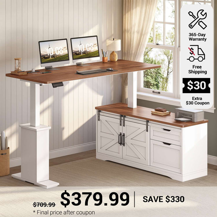 SEDETA 63 Inch Farmhouse L Shaped Executive Standing Desk with Storage Drawers Height Adjustable Corner Office Desk with Storage Power Outlets Sliding Bar Door Sit Stand Computer Desk