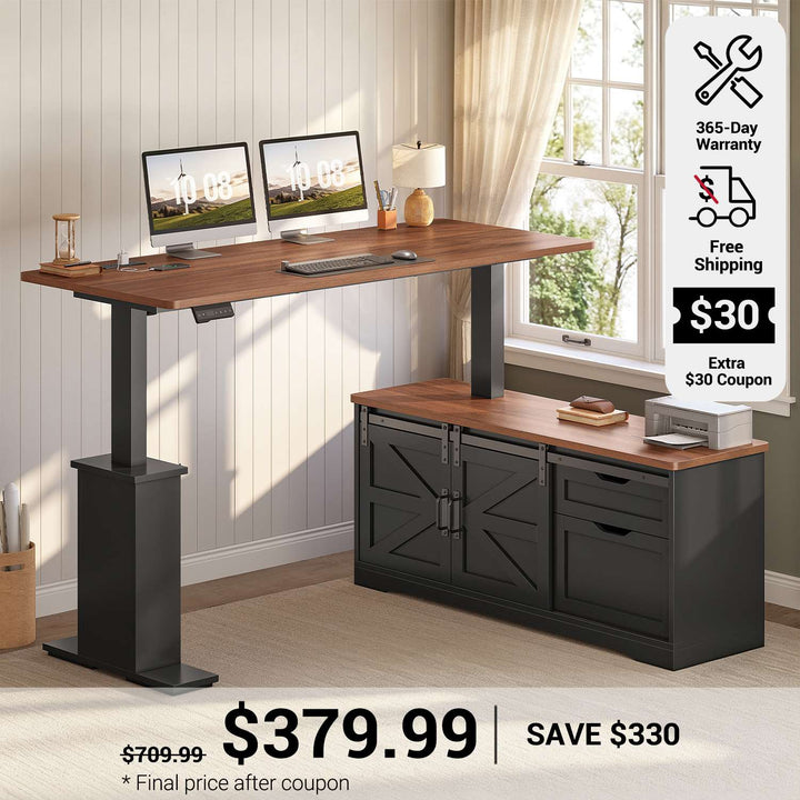 SEDETA 63 Inch Farmhouse L Shaped Executive Standing Desk with Storage Drawers Height Adjustable Corner Office Desk with Storage Power Outlets Sliding Bar Door Sit Stand Computer Desk