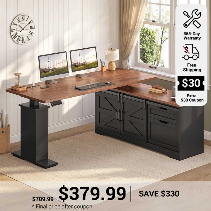 SEDETA 63 Inch Farmhouse L Shaped Executive Standing Desk with Storage Drawers Height Adjustable Corner Office Desk with Storage Power Outlets Sliding Bar Door Sit Stand Computer Desk