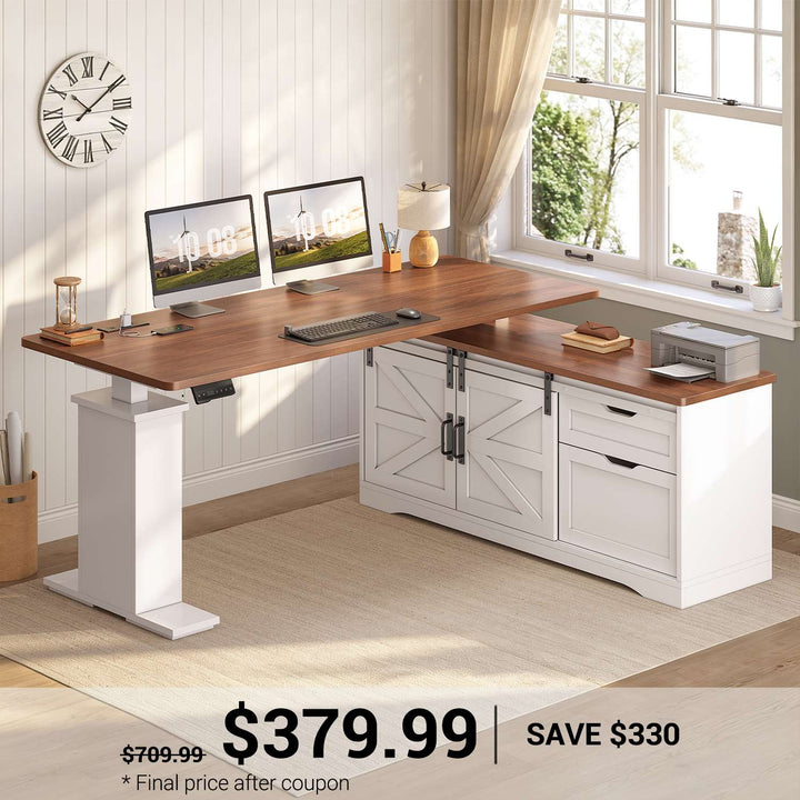SEDETA 63 Inch Farmhouse L Shaped Executive Standing Desk with Storage Drawers Height Adjustable Corner Office Desk with Storage Power Outlets Sliding Bar Door Sit Stand Computer Desk